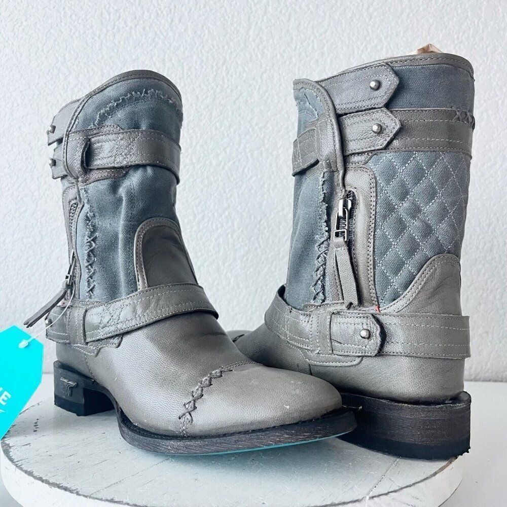 Lane Boots Womens Gray Leather Canvas Mid-Calf Western Moto Style Zip Size 7.5